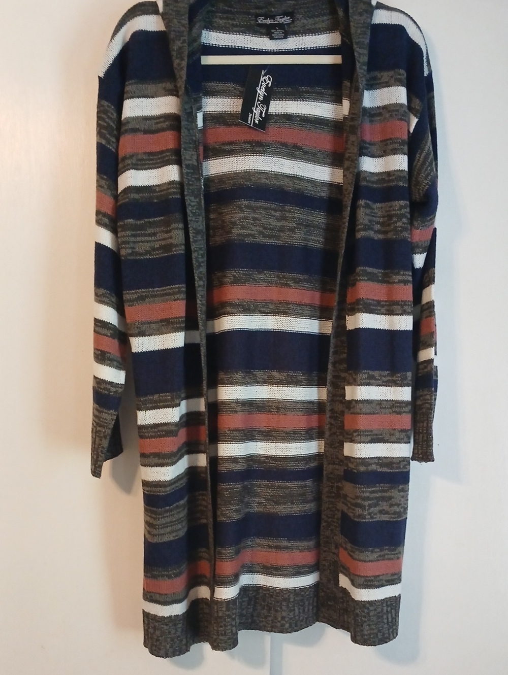Evelyn Taylor Color Stripe Long Open Cardigan with Hood in Size L (NWT)